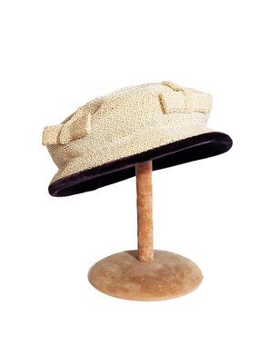 1950s True Vintage Cream Straw Brimmed Hat With Bows And Purple Velvet Trim